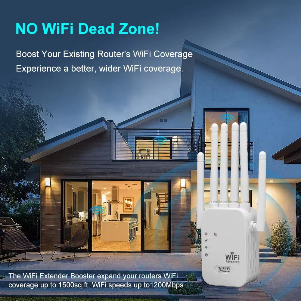 1200Mbps Dual-Band WiFi Repeater & Signal Booster - Amplify Your Internet with 2.4G & 5G Network!