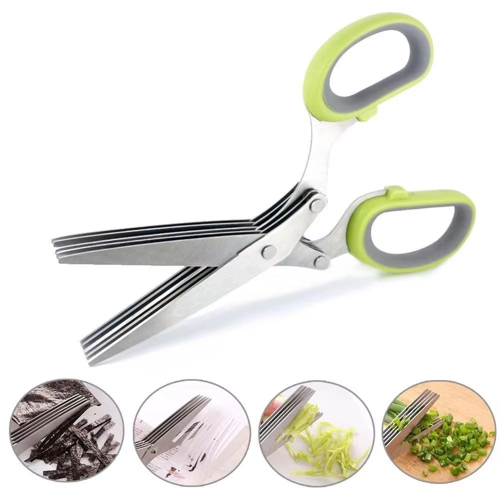 5-Blade Stainless Steel Herb Scissors with Cleaning Brush - Perfect for Chopping Onions and Scallions!