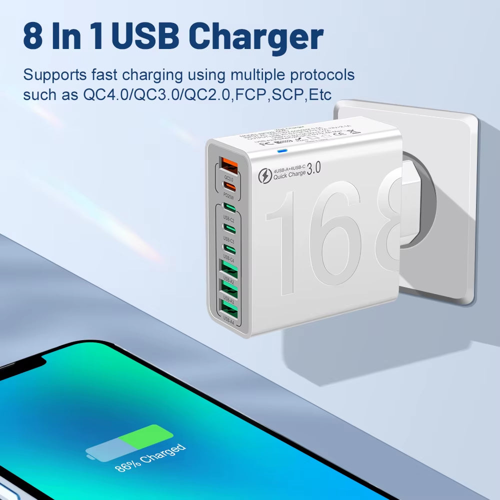 150W Fast Charging Multi-Port USB Wall Adapter - Compatible with Xiaomi, iPhone, Samsung, Huawei - Travel Charger with EU/US/KR Plugs