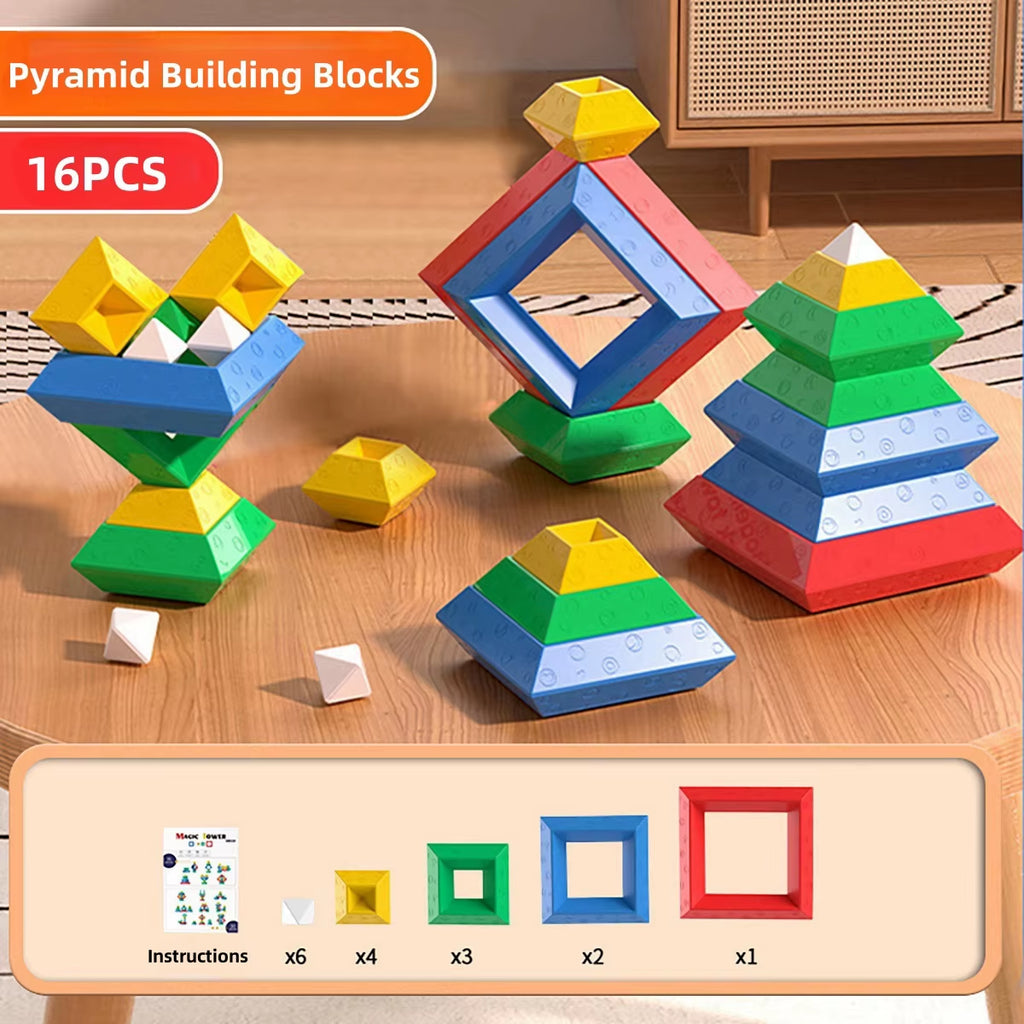 16PCS Pyramid Building Blocks - Engaging Puzzle Toy for Intellectual Development and Brain Teasing Fun!