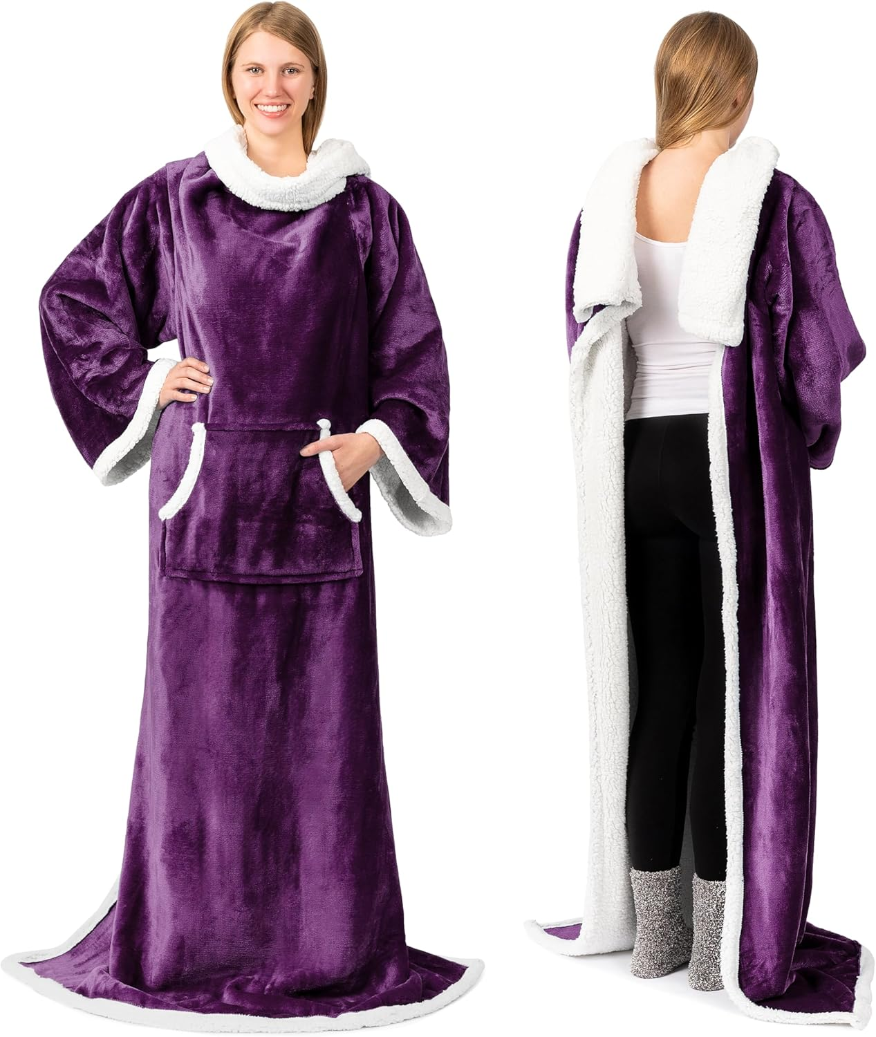 Cozy Sherpa Wearable Blanket with Sleeves & Pocket – Plush Wrap for Men & Women