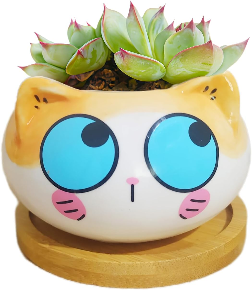 Adorable 3.5" Cartoon Cat Ceramic Succulent Pot with Bamboo Tray – Indoor Decor for Home, Office, and Garden (Yellow & Gray)