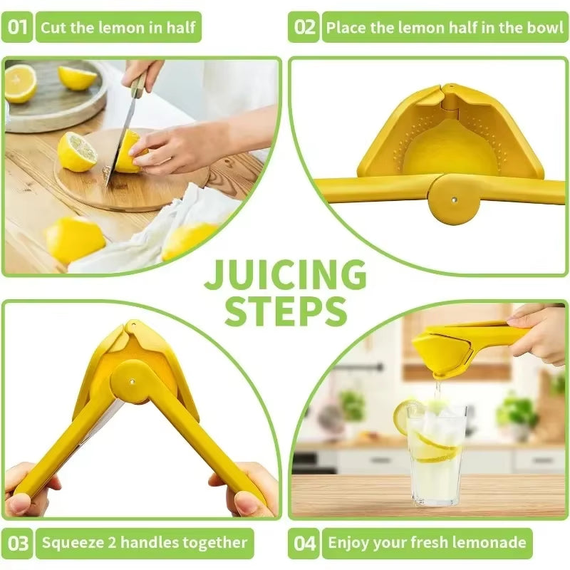 Max Juice Extraction Lemon Lime Squeezer - Easy-to-Use Flat Design with Built-in Strainer and Leverage for Maximum Juice Output - Bright Yellow