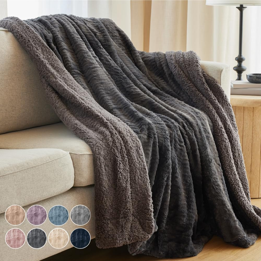 Cozy Dusty Rose Faux Fur & Sherpa Throw Blanket - Soft, Fluffy Decor for Couch & Bed, Perfect Gift for Women, 65x50 Inches