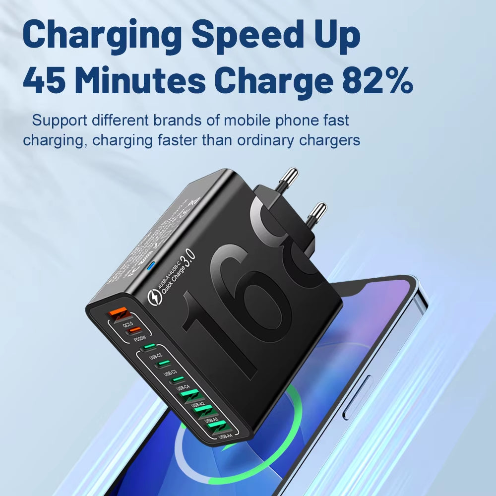 150W Fast Charging Multi-Port USB Wall Adapter - Compatible with Xiaomi, iPhone, Samsung, Huawei - Travel Charger with EU/US/KR Plugs