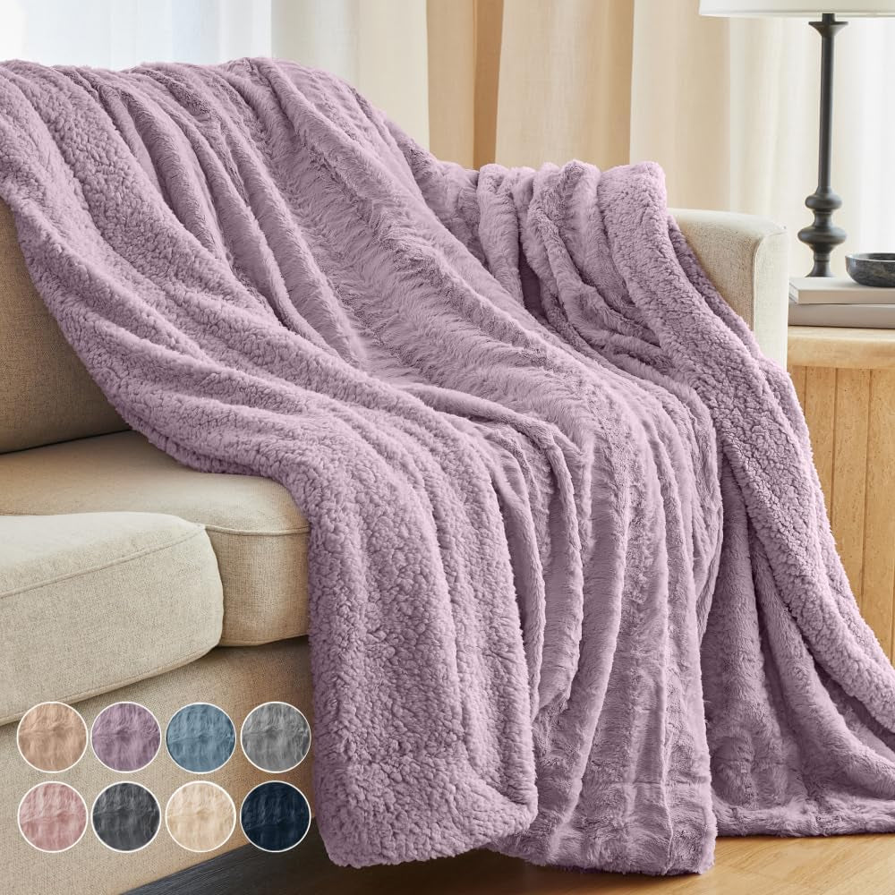 Cozy Dusty Rose Faux Fur & Sherpa Throw Blanket - Soft, Fluffy Decor for Couch & Bed, Perfect Gift for Women, 65x50 Inches